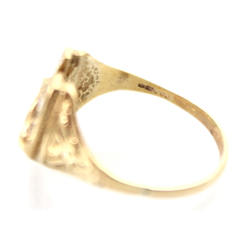 222 - A 9ct yellow gold diamond set dress ring, the raised head designed as horseshoe with six round cut d... 