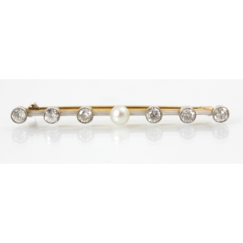 227 - A 20th century diamond and cultured pearl bar brooch, the pearl with three old cut diamonds set to e... 