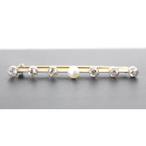 227 - A 20th century diamond and cultured pearl bar brooch, the pearl with three old cut diamonds set to e... 