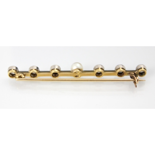 227 - A 20th century diamond and cultured pearl bar brooch, the pearl with three old cut diamonds set to e... 