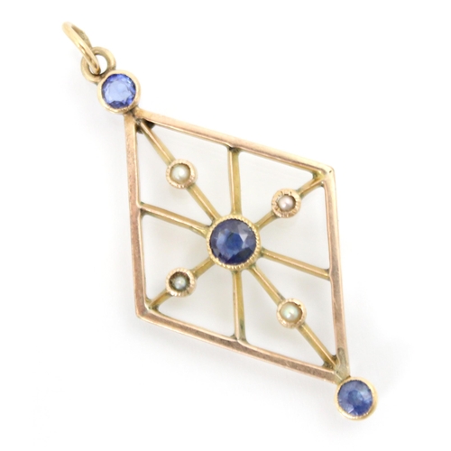 230 - A 20th century untested sapphire pendant, the openwork lozenge shaped pendant set with central round... 