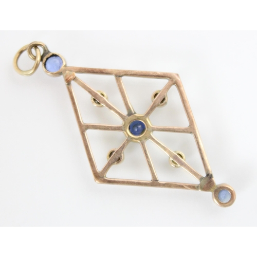 230 - A 20th century untested sapphire pendant, the openwork lozenge shaped pendant set with central round... 