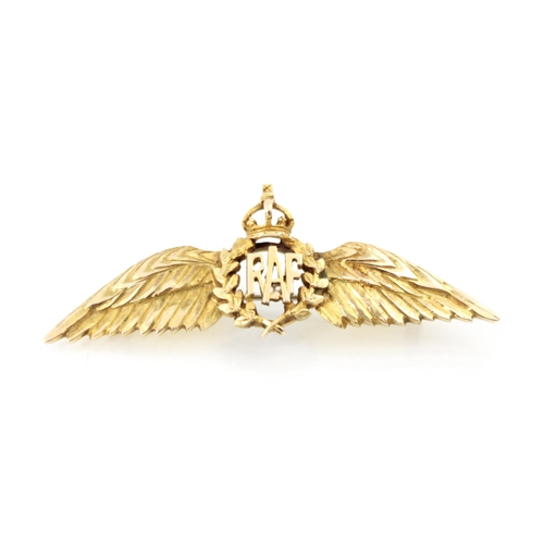 236 - A yellow metal RAF sweetheart brooch, the openwork RAF motif of plain polished form, hinge pin to re... 