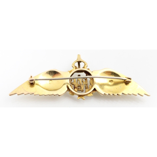 236 - A yellow metal RAF sweetheart brooch, the openwork RAF motif of plain polished form, hinge pin to re... 