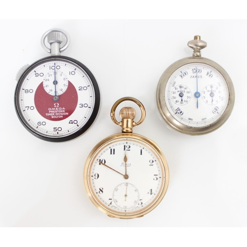 274 - A gold plated 'Limit' pocket watch, the white enamel dial with Arabic numerals, 5cm wide, an Omega P... 