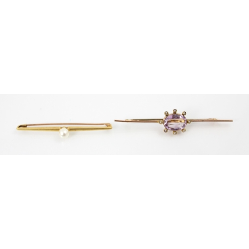 300 - A selection of bar brooches, including a 9ct yellow gold amethyst and seed pearl set bar brooch, the... 