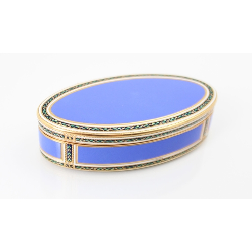 323 - A 20th century French yellow metal and enamel box, the oval hinged cover with blue enamel centre wit... 