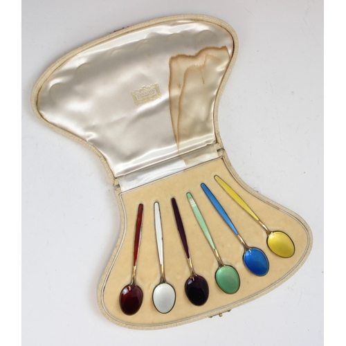 80 - A cased set of David Anderson silver gilt enamel spoons, the teaspoons in various colourways with en... 