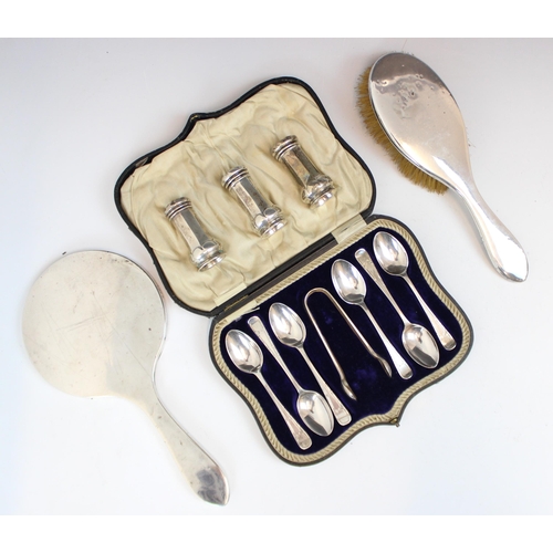 86 - A selection of silver items, to include a cased set of Edwardian silver teaspoons and sugar tongs, L... 