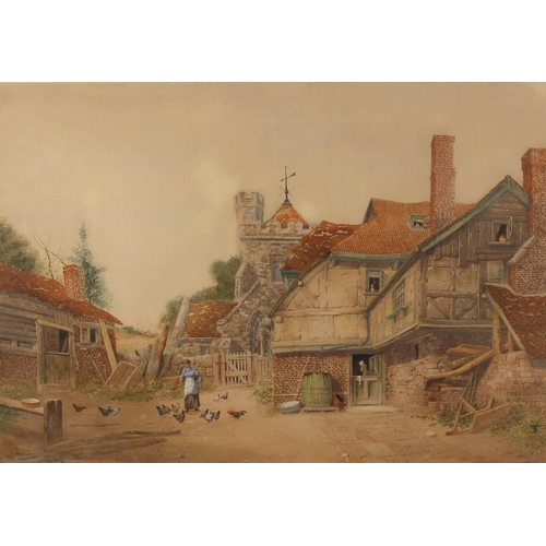 502 - English school (19th century),  
A farmyard scene with church beyond,  
'Halling, Kent' lower right,... 