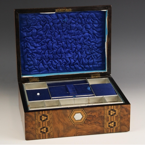 955 - A Victorian figured walnut and parquetry banded work box, the domed top inlaid with a hexagonal moth... 