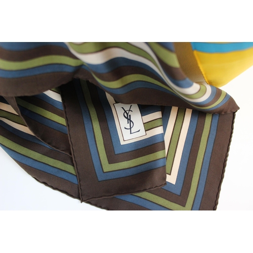 436 - A YSL silk scarf, designed as aqua blue, white and red bands against a vivid yellow ground, 88cm x 8... 