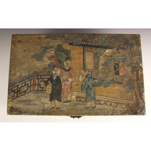 777 - A Chinese painted vellum storage chest, late 19th century, the rectangular box with a hinged cover a... 