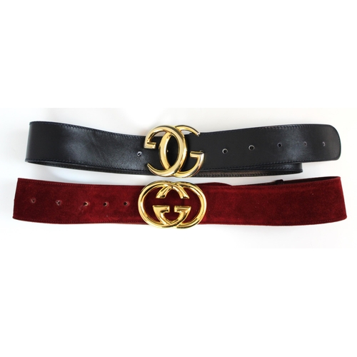 420 - A Gucci red suede leather belt, stamped 'Made in Italy by Gucci' with attached gilt metal double G l... 