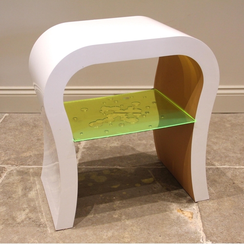 645 - An acrylic white tooth table, circa 1970, of molar form with mirrored under tier, 60cm H x 54cm W x ... 