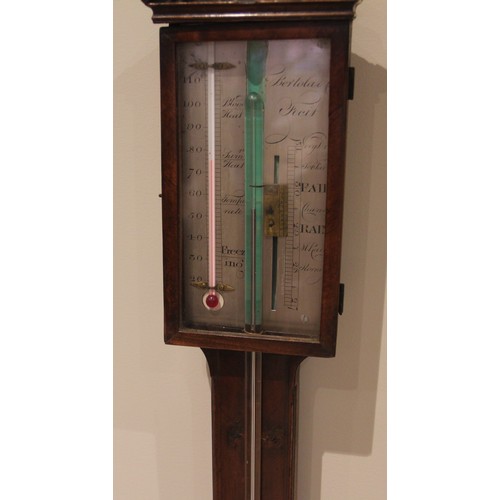 858 - A George III mahogany stick barometer, indistinctly signed Bertolai Fecit, the broken architectural ... 