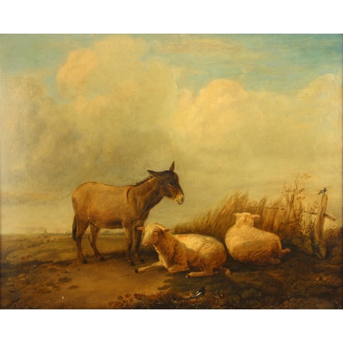 551 - Attributed to Thomas Sidney Cooper RA (British, 1803-1902),  
A donkey with two sheep by a broken fe... 