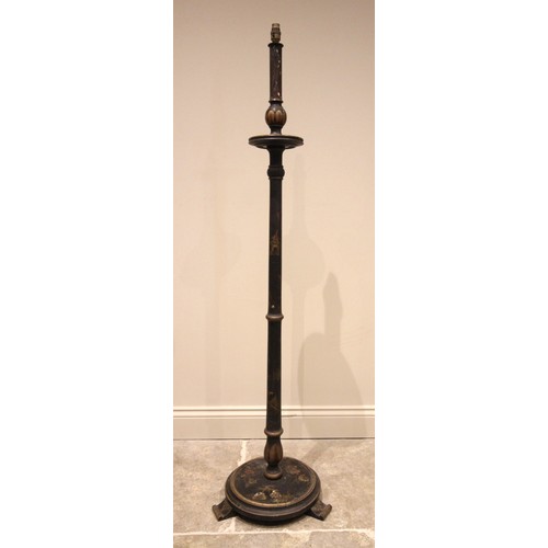 1094 - A black lacquer chinoiserie standard lamp, early 20th century, applied with figures, fauna and pagod... 