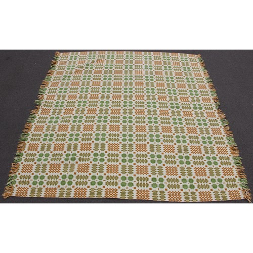 907 - A Welsh wool blanket, of traditional reversible geometric design in lime, russet, pink and cream, wi... 