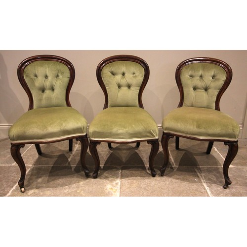 1079 - A set of three Victorian green velour upholstered button back bedroom chairs, the back rest of waist... 