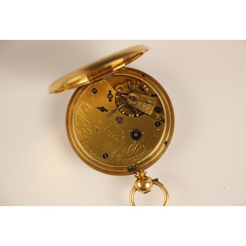 150 - A Victorian 18ct yellow gold open faced pocket watch, the circular white enamel dial with Roman nume... 