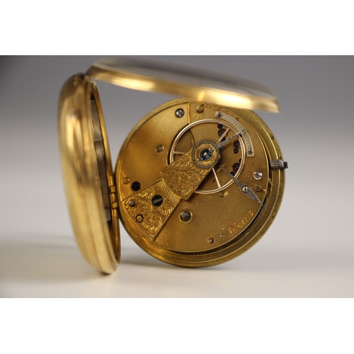 154 - A Victorian 18ct yellow gold pocket watch, the florally engraved dial with Roman numerals and subsid... 