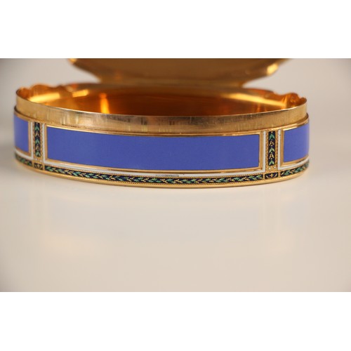 323 - A 20th century French yellow metal and enamel box, the oval hinged cover with blue enamel centre wit... 