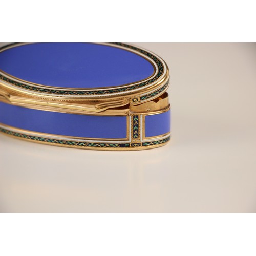 323 - A 20th century French yellow metal and enamel box, the oval hinged cover with blue enamel centre wit... 