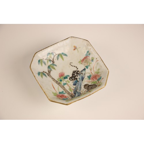 766 - A Chinese porcelain square stem-bowl, Tongzhi (1862-1874), decorated in the famille rose palette dep... 