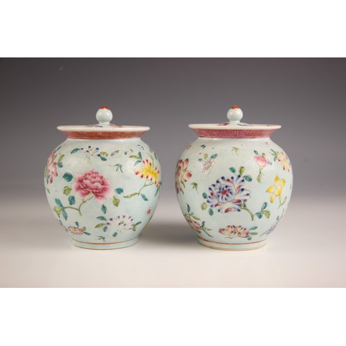 764 - A pair of Chinese porcelain celadon-ground famille rose jars, Guangxu (1875-1908), each of ovoid for... 