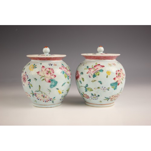 764 - A pair of Chinese porcelain celadon-ground famille rose jars, Guangxu (1875-1908), each of ovoid for... 