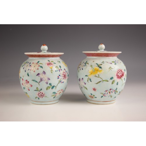 764 - A pair of Chinese porcelain celadon-ground famille rose jars, Guangxu (1875-1908), each of ovoid for... 