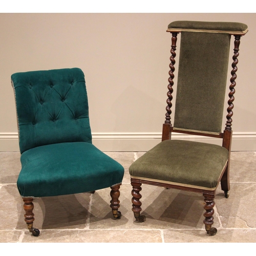 1002 - A Victorian simulated rosewood button back low seat chair, in turquoise velour fabric, upon turned b... 