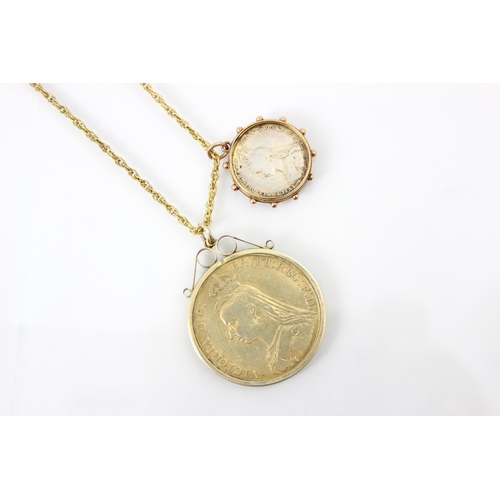 101 - Two Victorian gold coloured coins, mounted upon gold coloured fancy link chain, the smaller coin mou... 