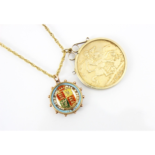 101 - Two Victorian gold coloured coins, mounted upon gold coloured fancy link chain, the smaller coin mou... 