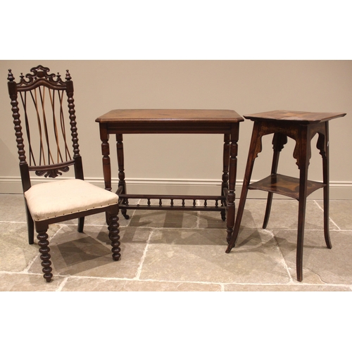 1024 - A Victorian rosewood bobbin turned low seat chair, 99cm high, a late 19th century mahogany plant sta... 