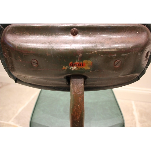 1039 - A pair of painted metal machinists chairs, mid 20th century, worn makers label 'Dual' to the rear, e... 