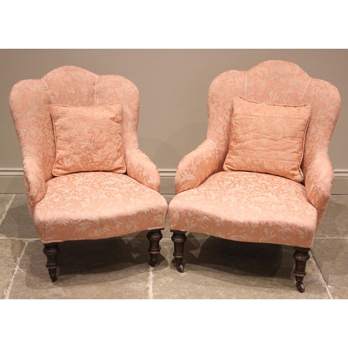 1045 - A near pair of Edwardian upholstered salon chairs, re-upholstered in pink damask foliate fabric, eac... 