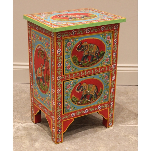 1066 - A hand painted chest of two drawers, in vibrant red, green and blue colourways, each panel painted w... 