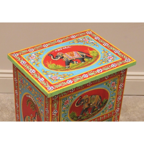 1066 - A hand painted chest of two drawers, in vibrant red, green and blue colourways, each panel painted w... 