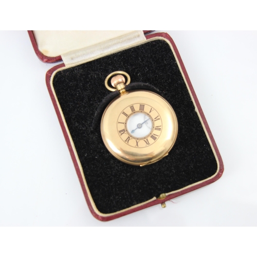 119 - A 9ct yellow metal Benson half hunter pocket watch, the white enamel dial with Arabic numerals and s... 