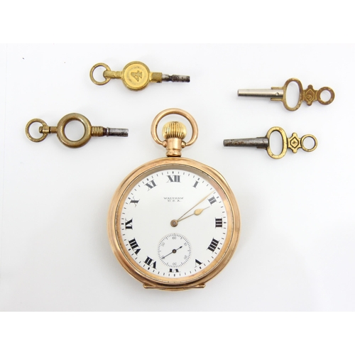 122 - A gold plated Waltham open faced pocket watch, the white enamel dial with Roman numerals and subsidi... 