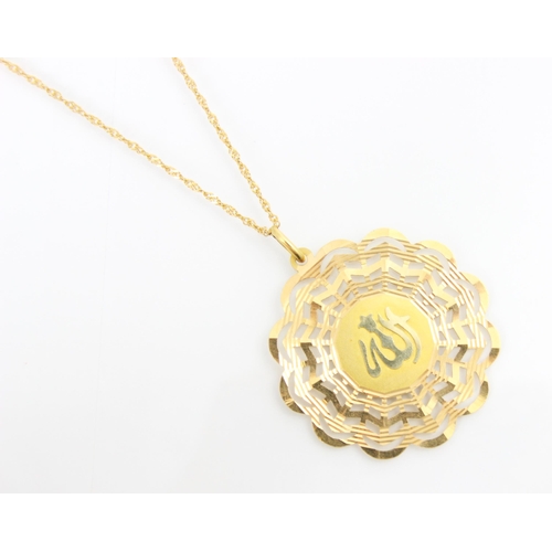 175 - A yellow metal openwork pendant and chain, the openwork scalloped edged pendant with central raised ... 