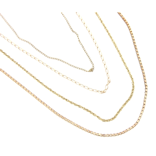 184 - A selection of four 9ct yellow gold and yellow metal chains, including a box link example, elongated... 