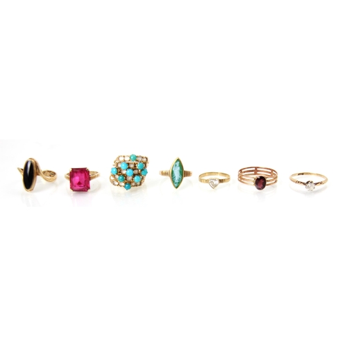 187 - A selection of jewellery, including a white stone set pin, 4cm long, three 9ct yellow gold rings, a ... 