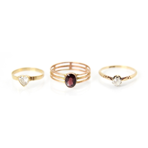 187 - A selection of jewellery, including a white stone set pin, 4cm long, three 9ct yellow gold rings, a ... 