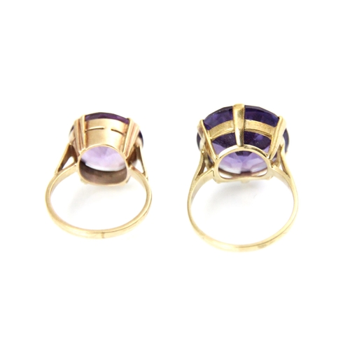 190 - An amethyst dress ring, the round cut purple stone within a yellow metal mount, ring size P, and a f... 