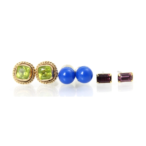 195 - A selection of six pairs of earrings, including a pair of peridot 9ct yellow gold stud earrings, wit... 