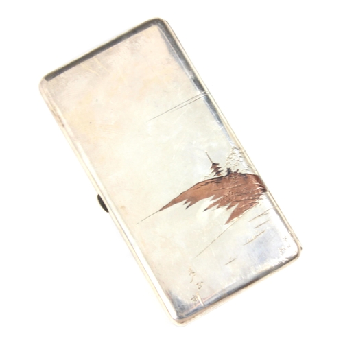 2 - A Japanese niello sterling silver cigarette case, the rectangular body with mountainous scene with b... 