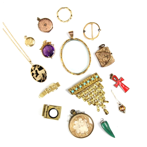 200 - A selection of jewellery, including a purple paste set brooch (at fault) with bird detailing to top,... 